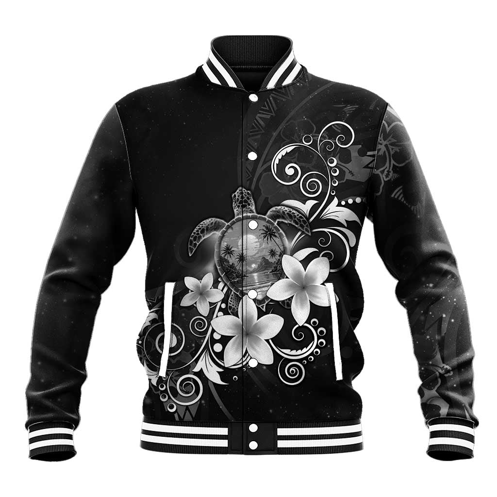 Hawaii Honu Baseball Jacket Polynesian Curves Plumeria Grayscale - Polynesian Pride