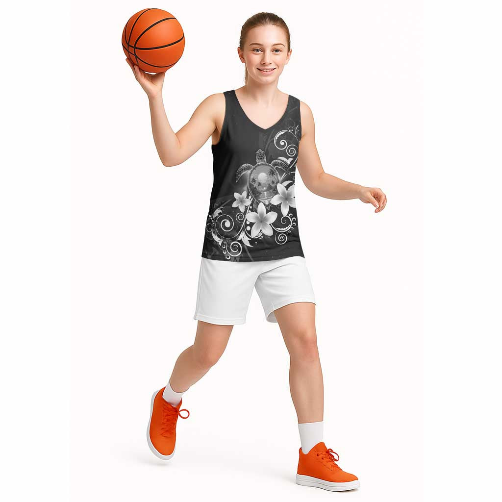 Hawaii Honu Basketball Jersey Polynesian Curves Plumeria Grayscale - Polynesian Pride