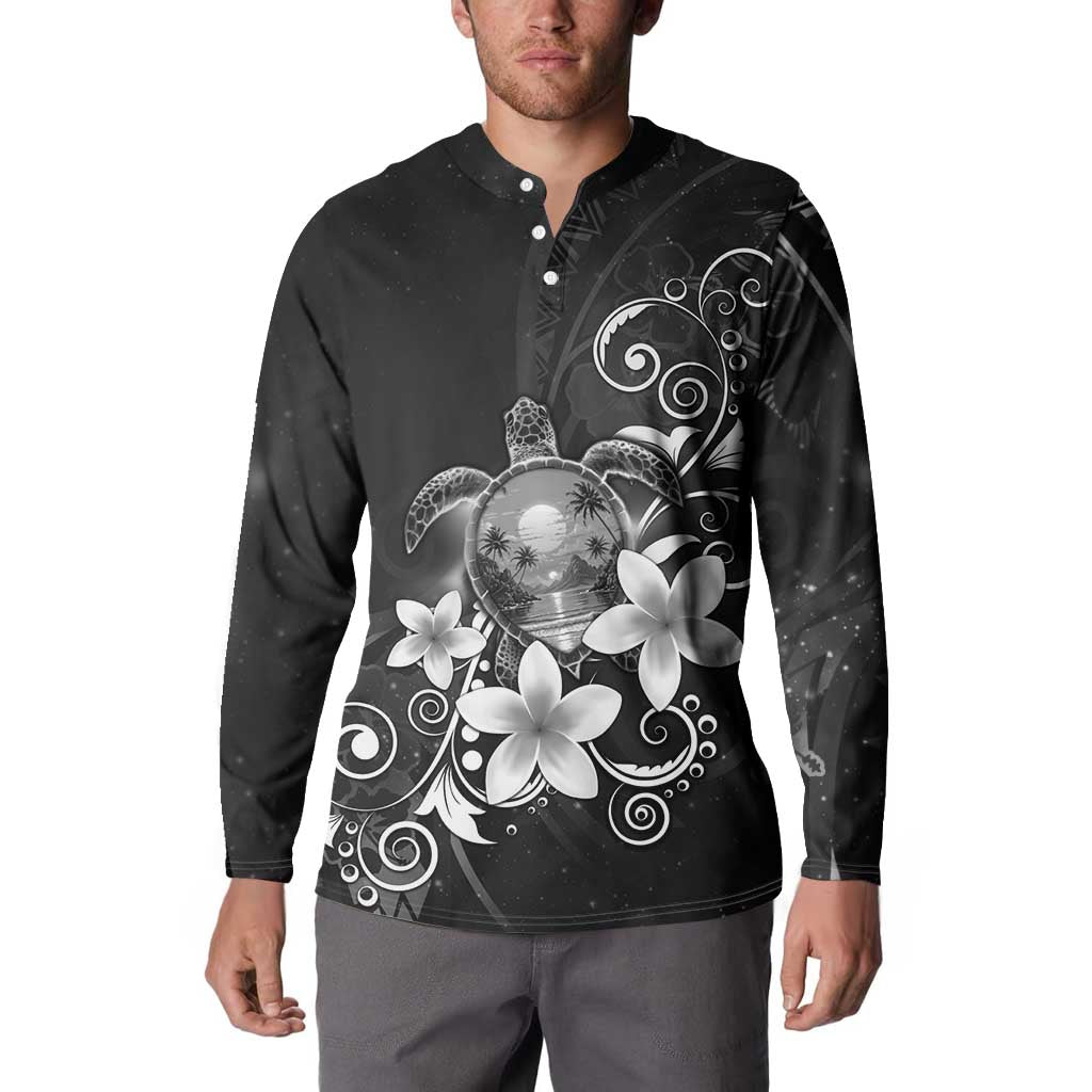 Hawaii Honu Button Sweatshirt Polynesian Curves Plumeria Grayscale - Polynesian Pride
