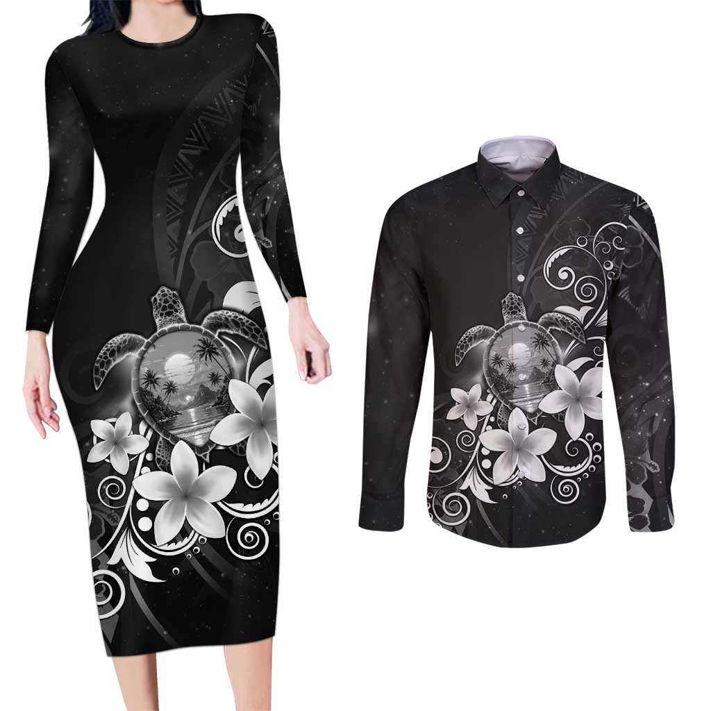 Hawaii Honu Couples Matching Long Sleeve Bodycon Dress and Long Sleeve Button Shirt Polynesian Curves Plumeria Grayscale - Polynesian Pride