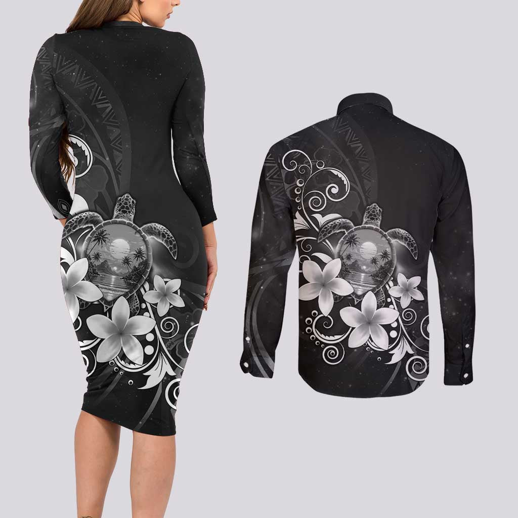 Hawaii Honu Couples Matching Long Sleeve Bodycon Dress and Long Sleeve Button Shirt Polynesian Curves Plumeria Grayscale - Polynesian Pride