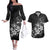 Hawaii Honu Couples Matching Off The Shoulder Long Sleeve Dress and Hawaiian Shirt Polynesian Curves Plumeria Grayscale - Polynesian Pride
