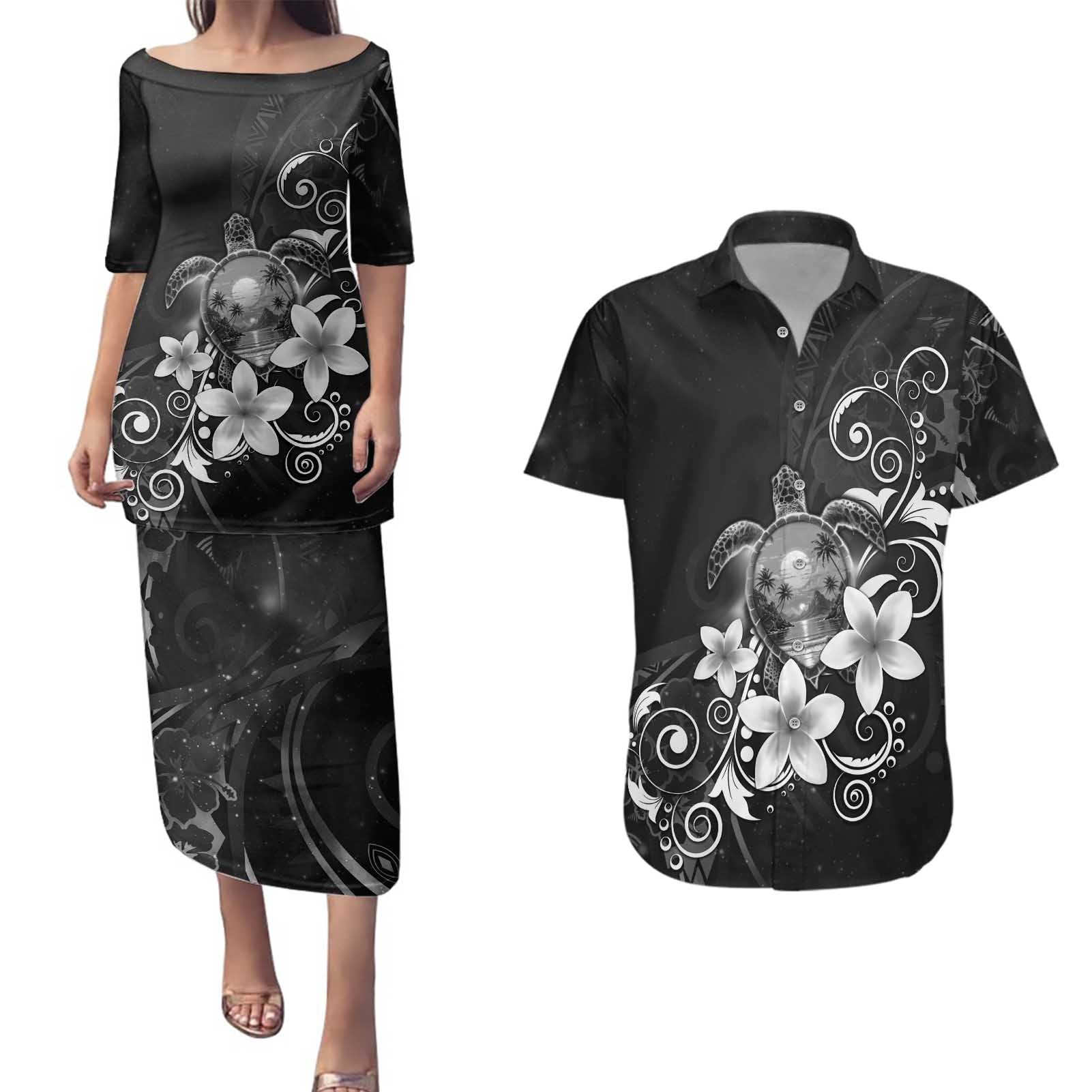 Hawaii Honu Couples Matching Puletasi and Hawaiian Shirt Polynesian Curves Plumeria Grayscale - Polynesian Pride