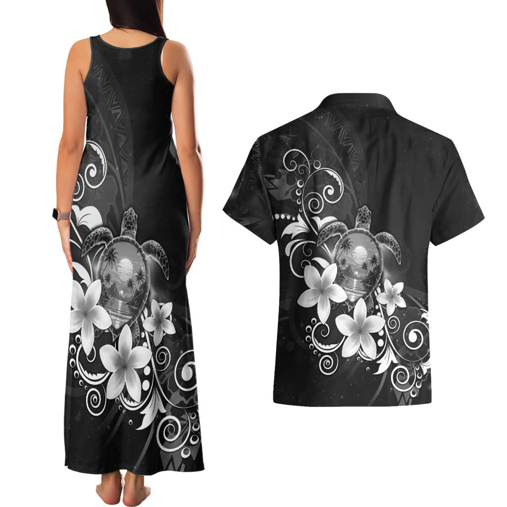 Hawaii Honu Couples Matching Tank Maxi Dress and Hawaiian Shirt Polynesian Curves Plumeria Grayscale - Polynesian Pride