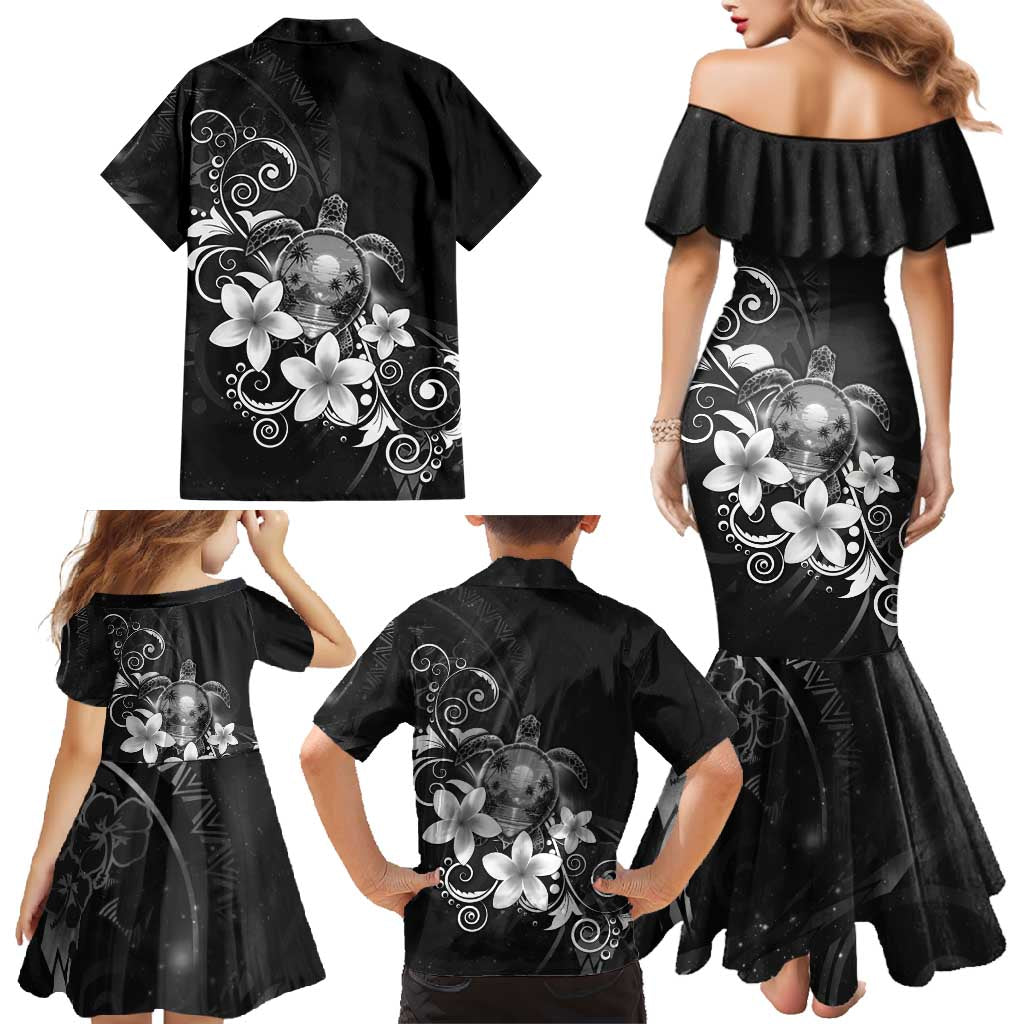 Hawaii Honu Family Matching Mermaid Dress and Hawaiian Shirt Polynesian Curves Plumeria Grayscale - Polynesian Pride