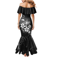 Hawaii Honu Family Matching Mermaid Dress and Hawaiian Shirt Polynesian Curves Plumeria Grayscale - Polynesian Pride