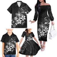Hawaii Honu Family Matching Off The Shoulder Long Sleeve Dress and Hawaiian Shirt Polynesian Curves Plumeria Grayscale - Polynesian Pride