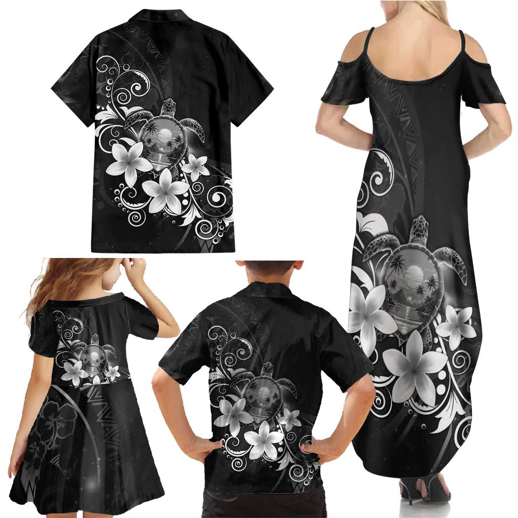 Hawaii Honu Family Matching Summer Maxi Dress and Hawaiian Shirt Polynesian Curves Plumeria Grayscale - Polynesian Pride