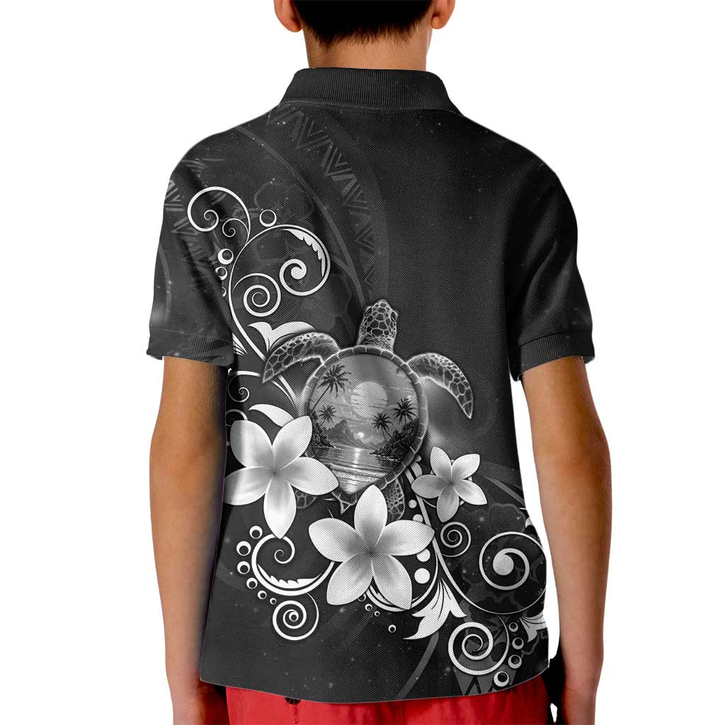 Hawaii Honu Kid Polo Shirt Polynesian Curves Plumeria Grayscale - Polynesian Pride