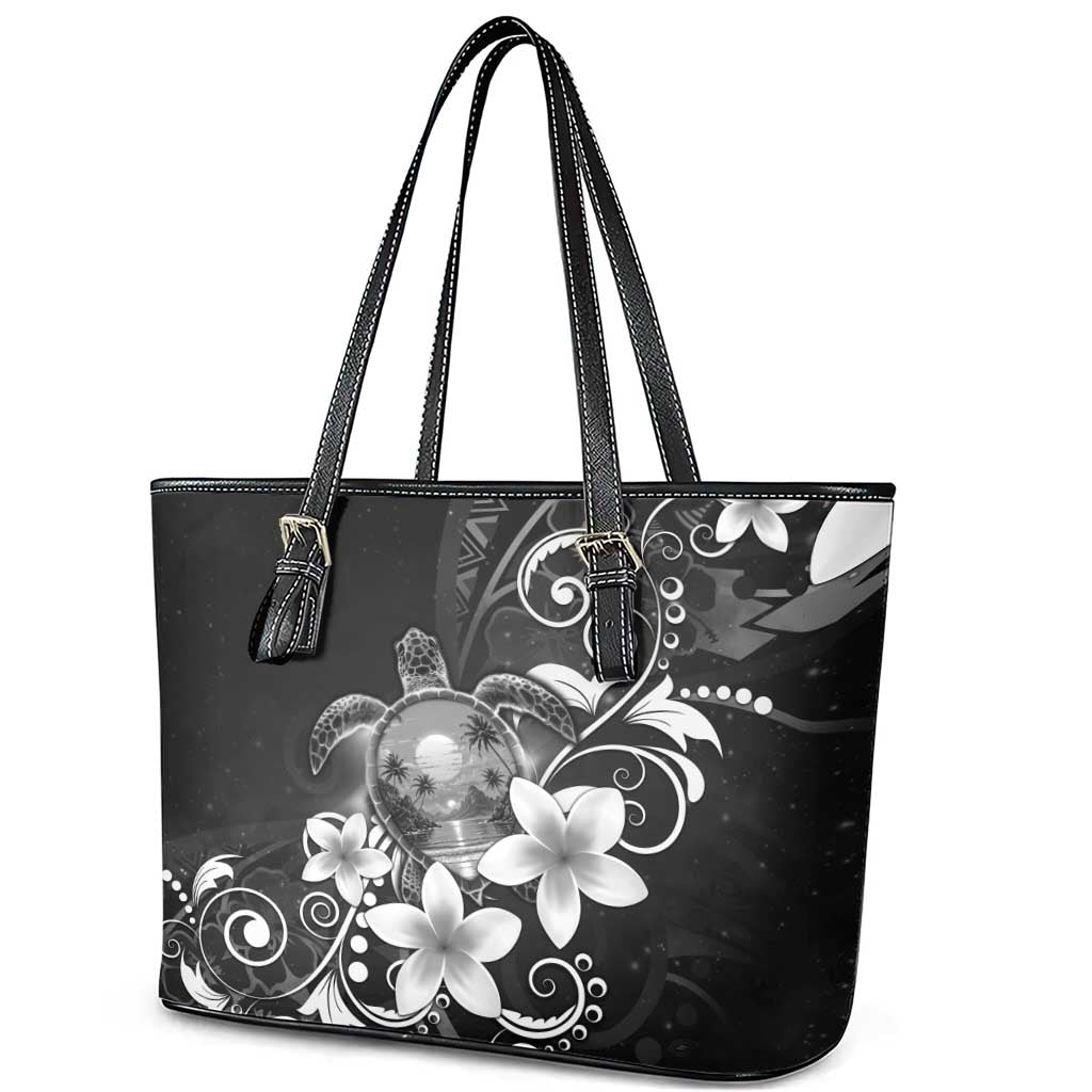 Hawaii Honu Leather Tote Bag Polynesian Curves Plumeria Grayscale - Polynesian Pride