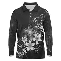 Hawaii Honu Long Sleeve Polo Shirt Polynesian Curves Plumeria Grayscale - Polynesian Pride
