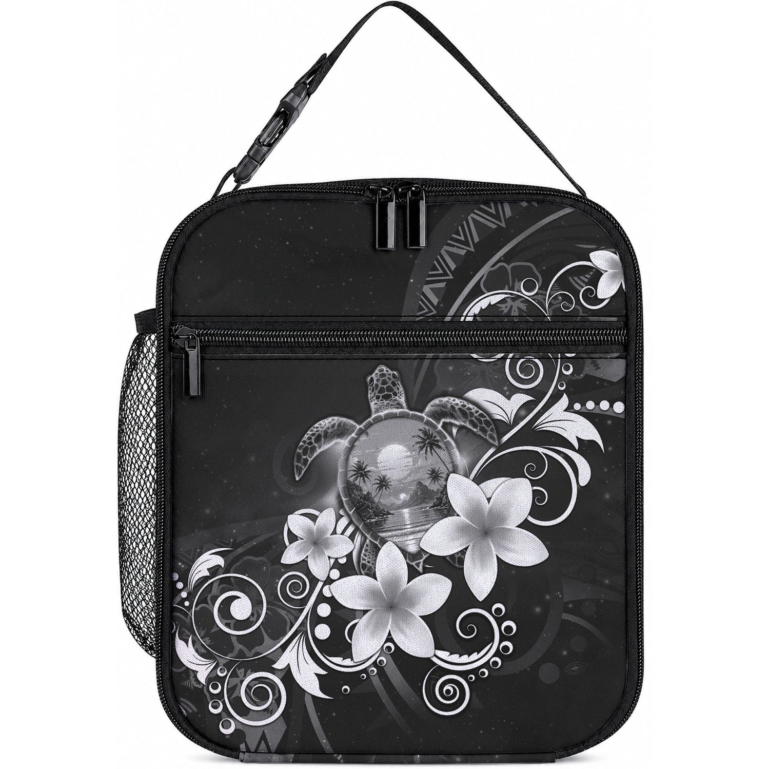 Hawaii Honu Lunch Bag Polynesian Curves Plumeria Grayscale