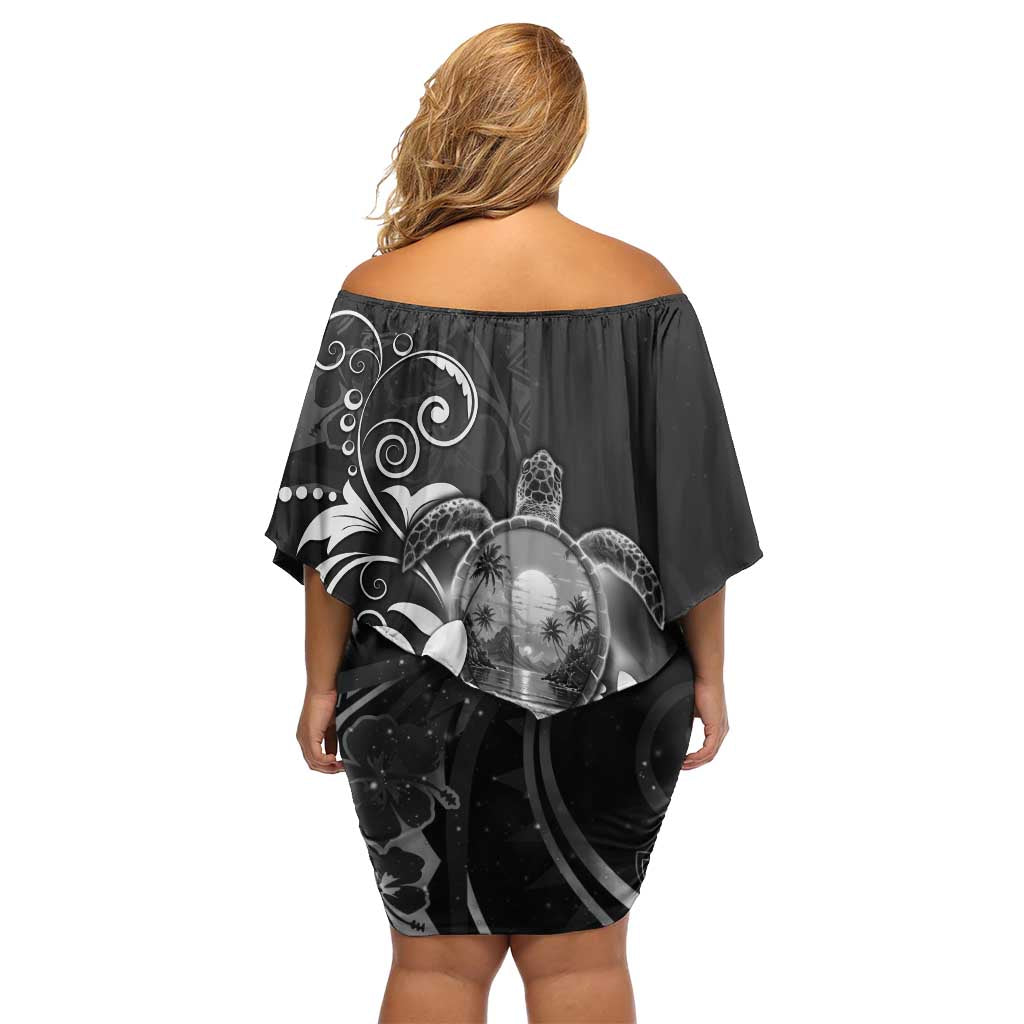 Hawaii Honu Off Shoulder Short Dress Polynesian Curves Plumeria Grayscale - Polynesian Pride