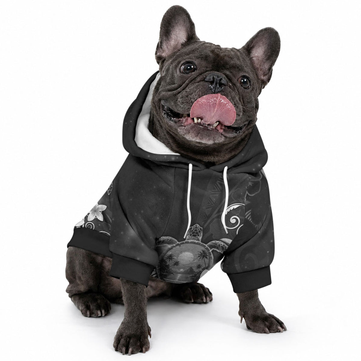 Hawaii Honu Pet Hoodie Polynesian Curves Plumeria Grayscale