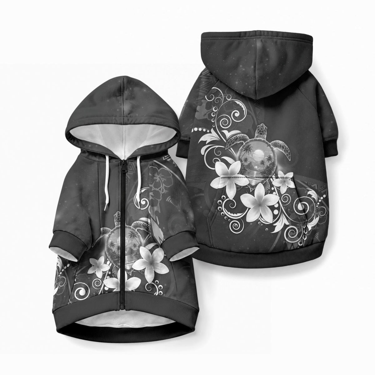 Hawaii Honu Pet Hoodie Polynesian Curves Plumeria Grayscale
