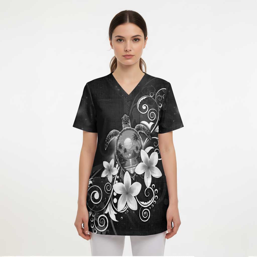 Hawaii Honu Scrub Top Polynesian Curves Plumeria Grayscale - Polynesian Pride