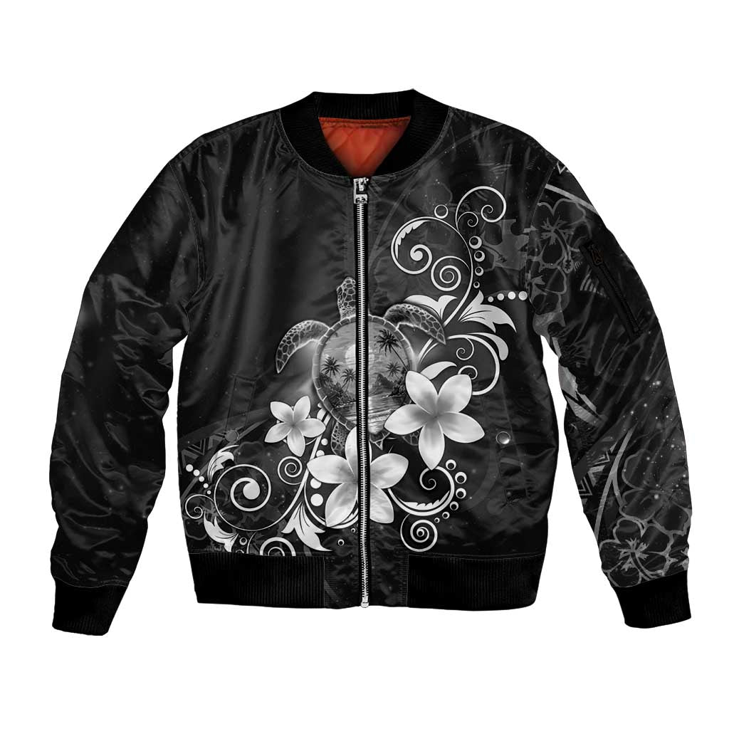 Hawaii Honu Sleeve Zip Bomber Jacket Polynesian Curves Plumeria Grayscale - Polynesian Pride