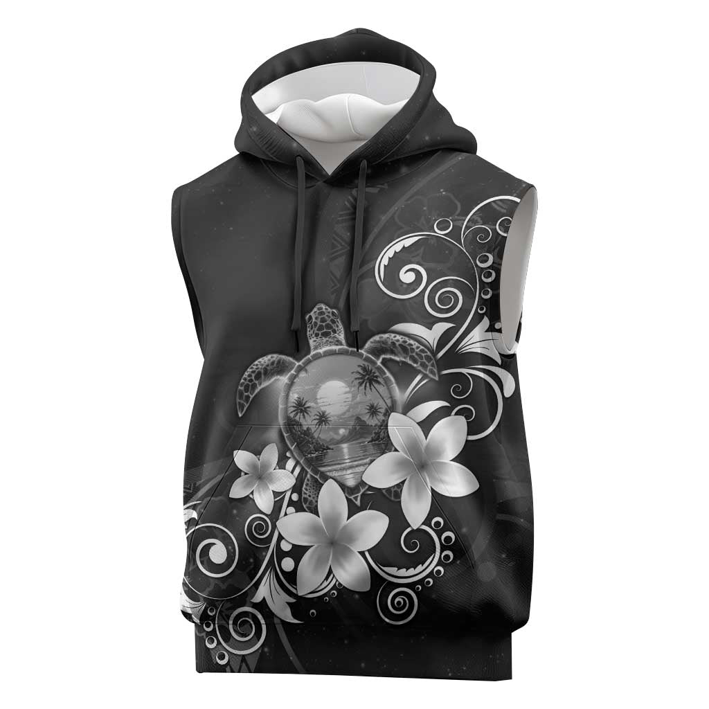 Hawaii Honu Sleeveless Hoodie Polynesian Curves Plumeria Grayscale - Polynesian Pride