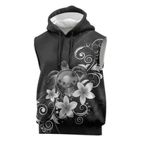 Hawaii Honu Sleeveless Hoodie Polynesian Curves Plumeria Grayscale - Polynesian Pride