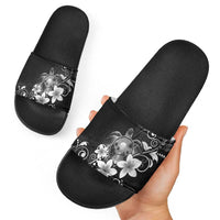 Hawaii Honu Slide Sandals Polynesian Curves Plumeria Grayscale - Polynesian Pride