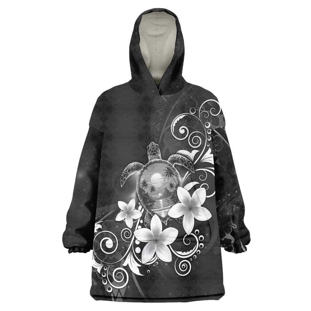 Hawaii Honu Wearable Blanket Hoodie Polynesian Curves Plumeria Grayscale - Polynesian Pride