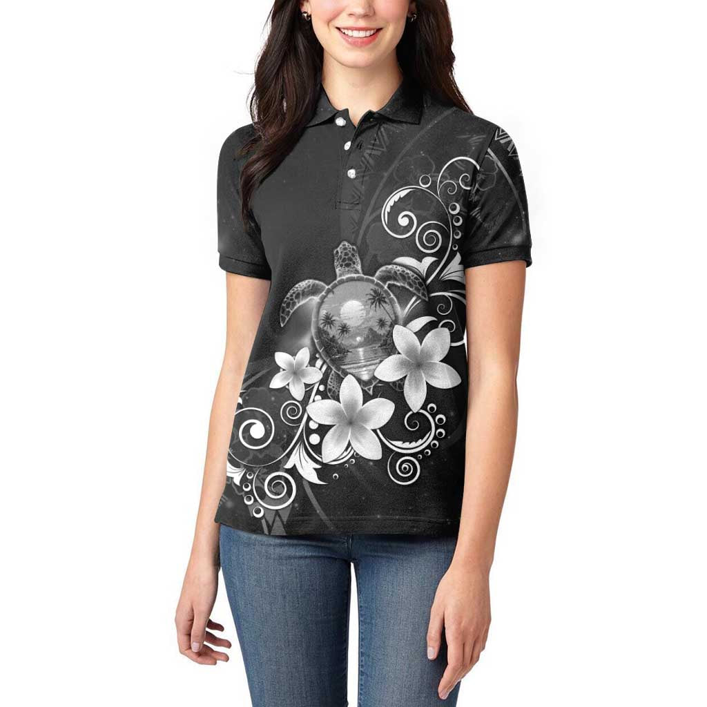 Hawaii Honu Women Polo Shirt Polynesian Curves Plumeria Grayscale - Polynesian Pride