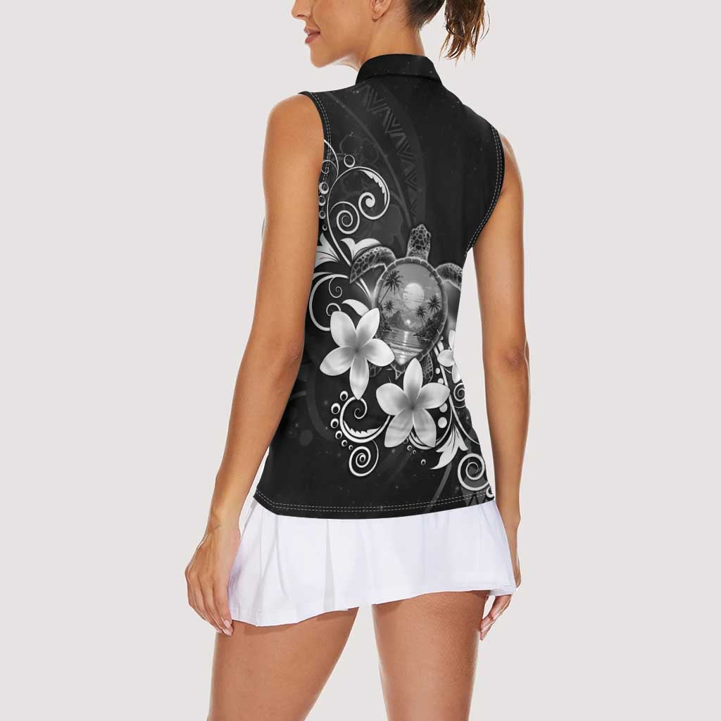 Hawaii Honu Women Sleeveless Polo Shirt Polynesian Curves Plumeria Grayscale - Polynesian Pride