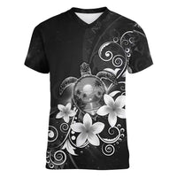 Hawaii Honu Women V-Neck T-Shirt Polynesian Curves Plumeria Grayscale - Polynesian Pride
