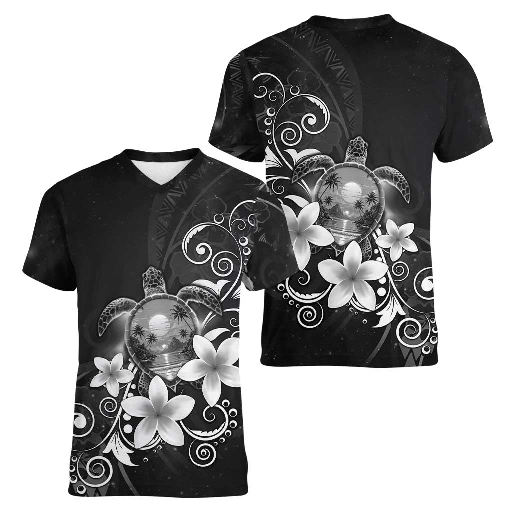 Hawaii Honu Women V-Neck T-Shirt Polynesian Curves Plumeria Grayscale - Polynesian Pride