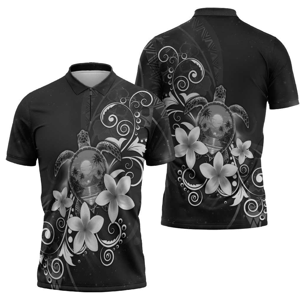 Hawaii Honu Zipper Polo Shirt Polynesian Curves Plumeria Grayscale - Polynesian Pride