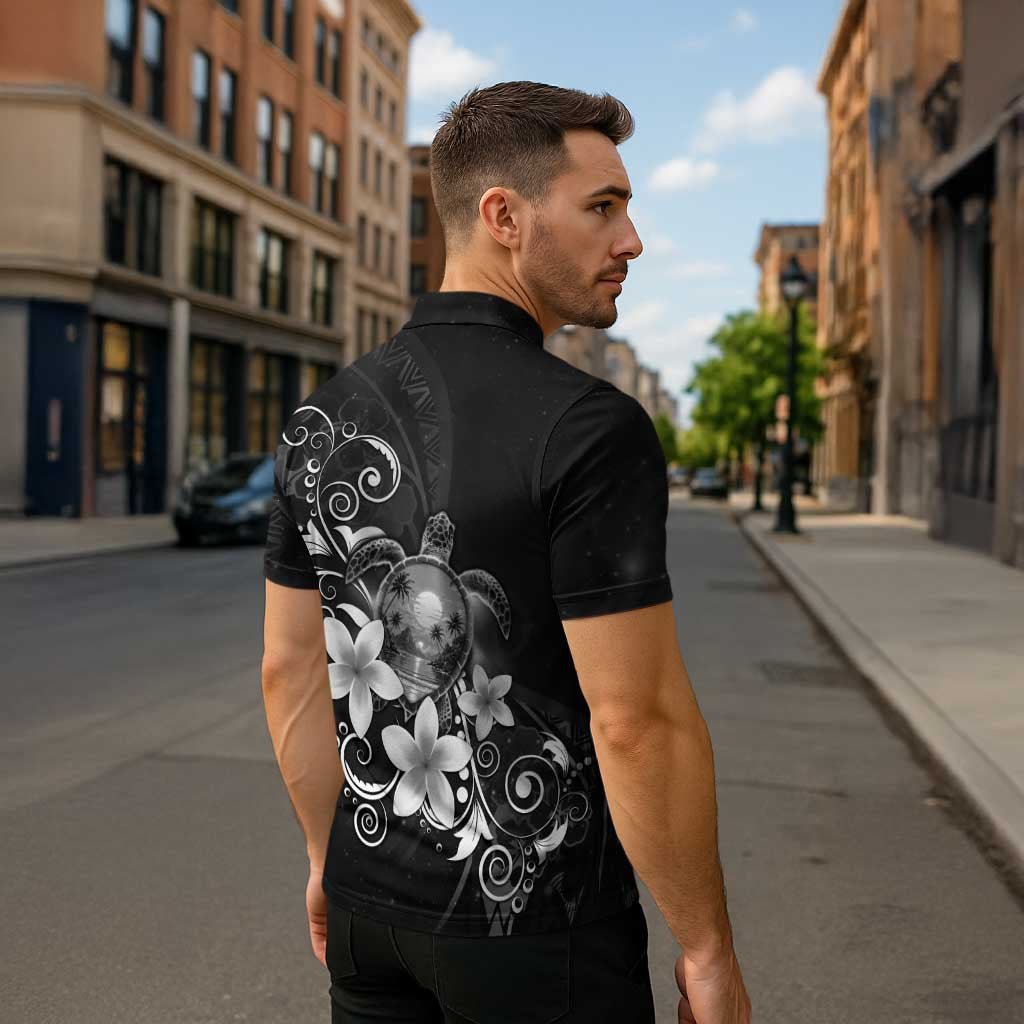 Hawaii Honu Zipper Polo Shirt Polynesian Curves Plumeria Grayscale - Polynesian Pride