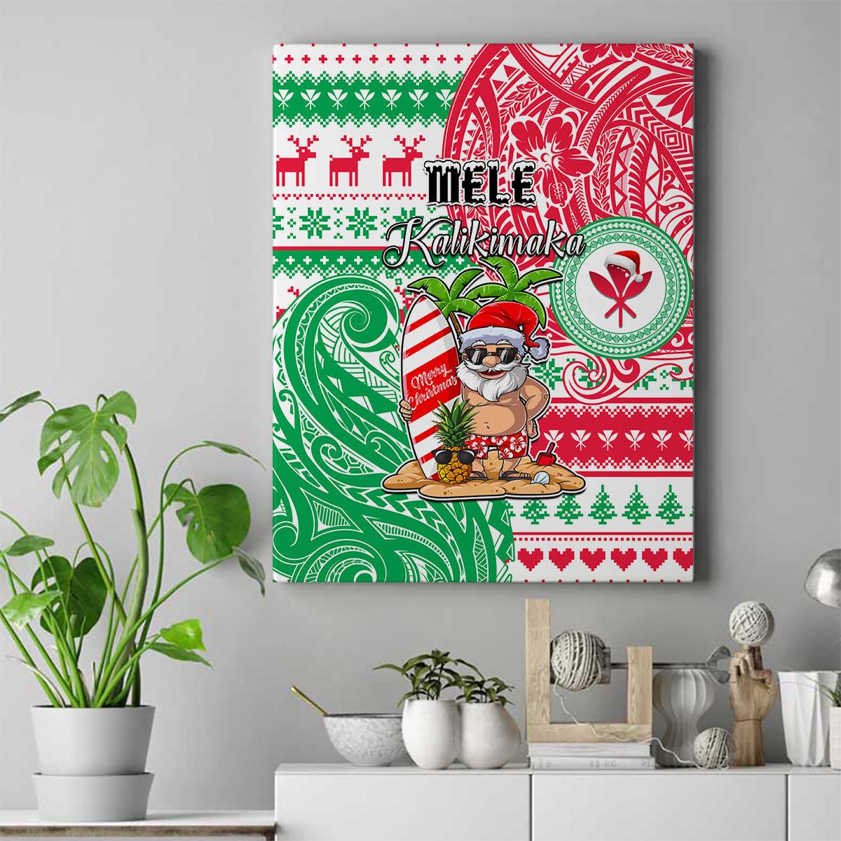 Hawaii Christmas Canvas Wall Art Santa Claus Surf Mele Kalikimaka LT05 Red - Polynesian Pride