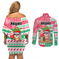 Hawaii Christmas Couples Matching Off Shoulder Short Dress and Long Sleeve Button Shirts Santa Claus Surf Mele Kalikimaka LT05 - Polynesian Pride