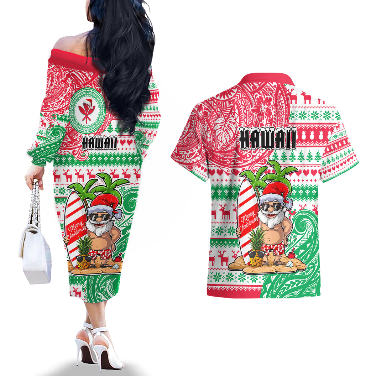 Hawaii Christmas Couples Matching Off The Shoulder Long Sleeve Dress and Hawaiian Shirt Santa Claus Surf Mele Kalikimaka LT05 - Polynesian Pride