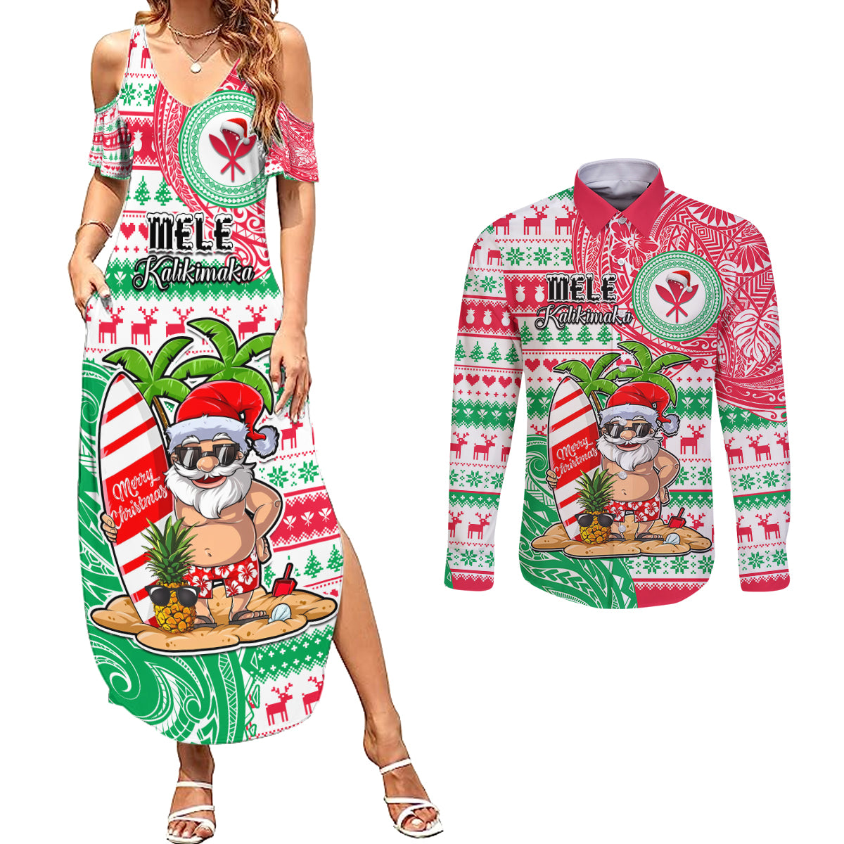 Hawaii Christmas Couples Matching Summer Maxi Dress and Long Sleeve Button Shirts Santa Claus Surf Mele Kalikimaka LT05 Red - Polynesian Pride