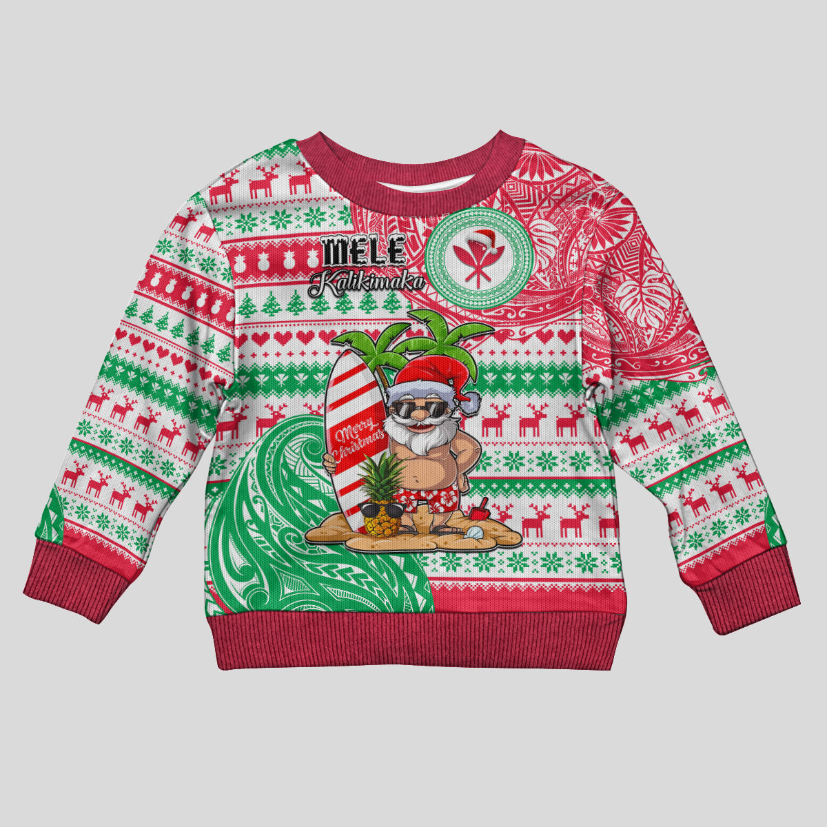 Hawaii Christmas Kid Ugly Christmas Sweater Santa Claus Surf Mele Kalikimaka LT05 Kid Red - Polynesian Pride