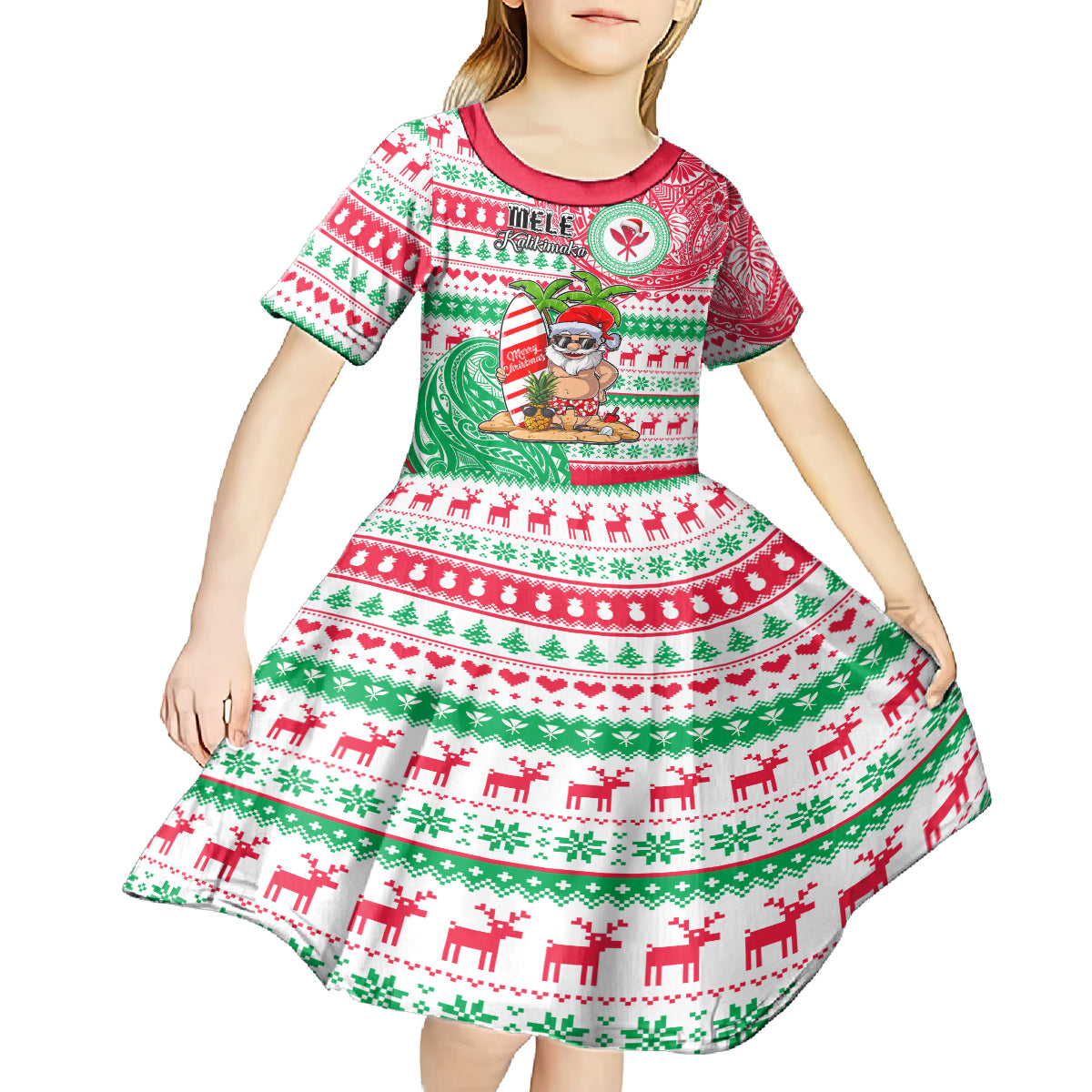 Hawaii Christmas Kid Short Sleeve Dress Santa Claus Surf Mele Kalikimaka LT05 - Polynesian Pride