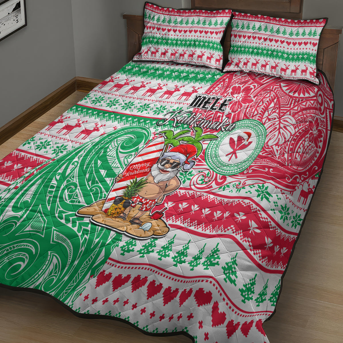 Hawaii Christmas Quilt Bed Set Santa Claus Surf Mele Kalikimaka LT05 - Polynesian Pride