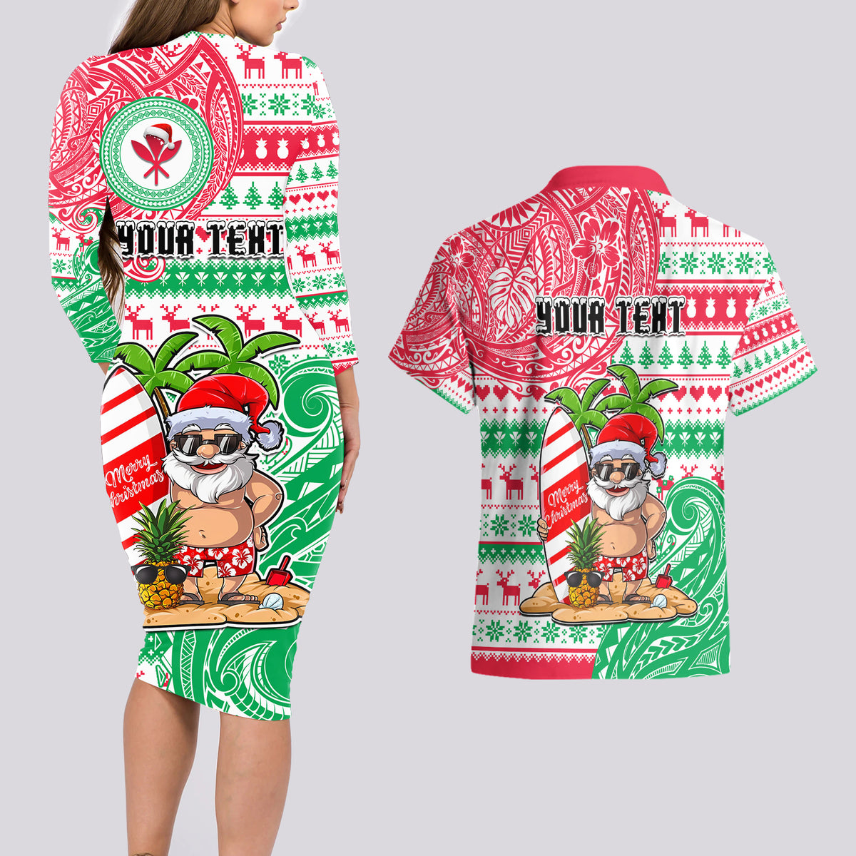 Personalized Hawaii Christmas Couples Matching Long Sleeve Bodycon Dress and Hawaiian Shirt Santa Claus Surf Mele Kalikimaka LT05 - Polynesian Pride