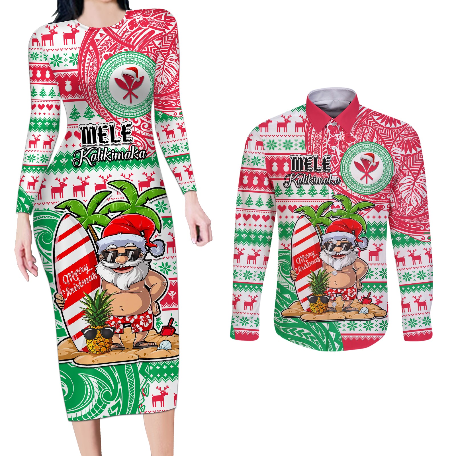 Personalized Hawaii Christmas Couples Matching Long Sleeve Bodycon Dress and Long Sleeve Button Shirts Santa Claus Surf Mele Kalikimaka LT05 Red - Polynesian Pride