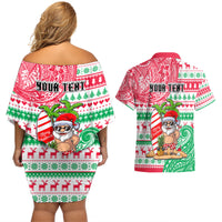 Personalized Hawaii Christmas Couples Matching Off Shoulder Short Dress and Hawaiian Shirt Santa Claus Surf Mele Kalikimaka LT05 - Polynesian Pride