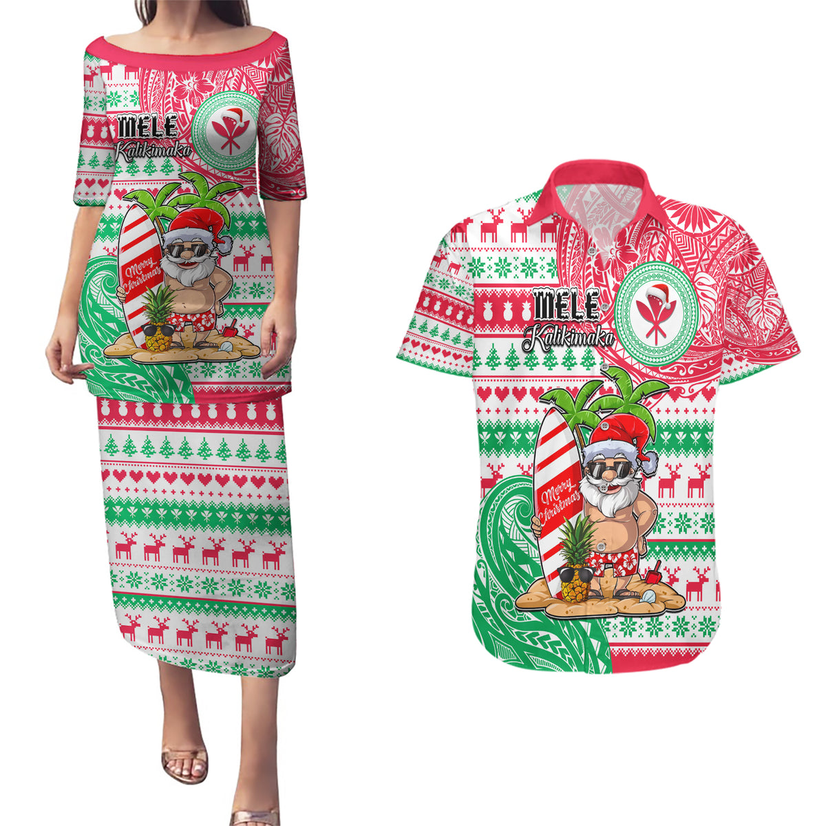 Personalized Hawaii Christmas Couples Matching Puletasi Dress and Hawaiian Shirt Santa Claus Surf Mele Kalikimaka LT05 Red - Polynesian Pride