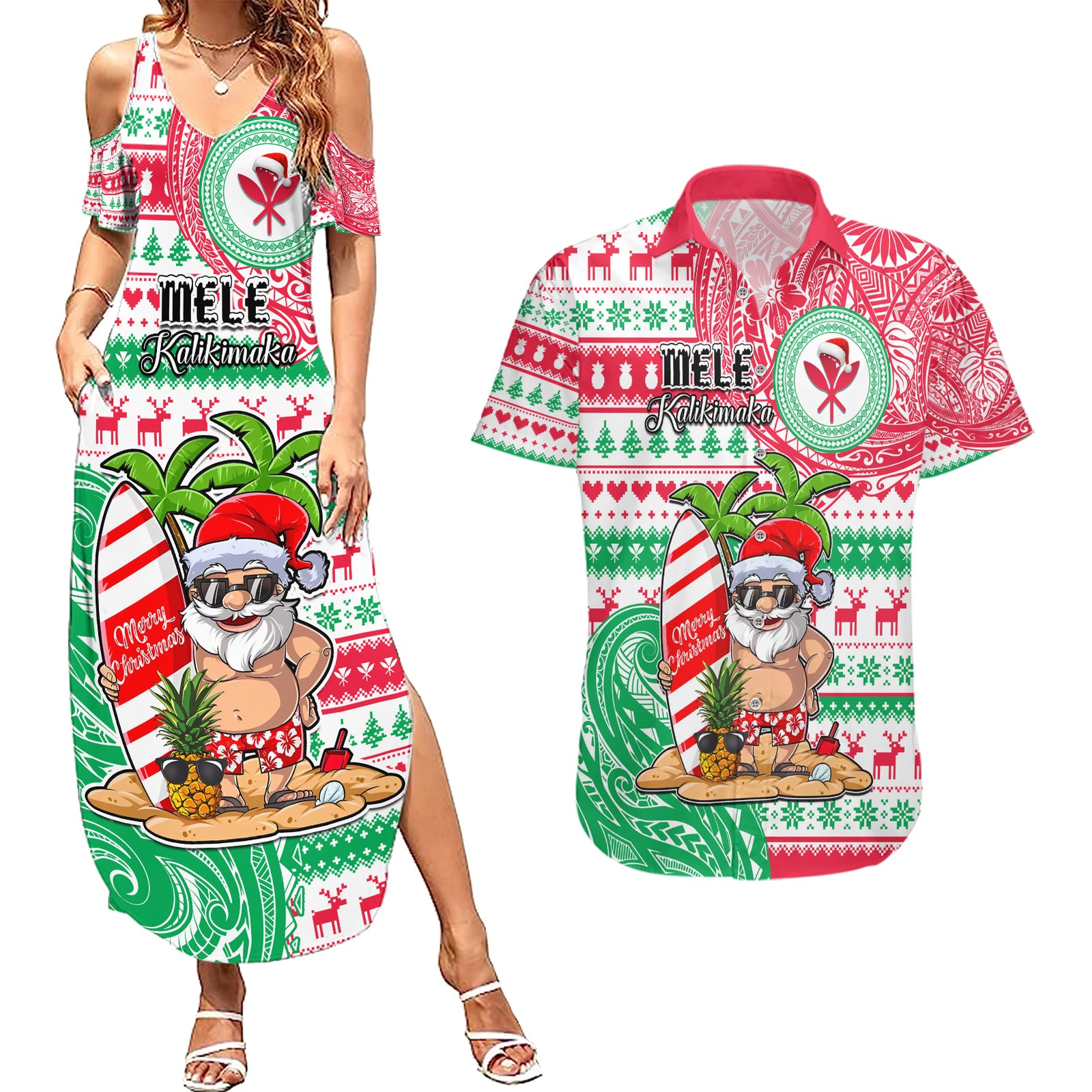 Personalized Hawaii Christmas Couples Matching Summer Maxi Dress and Hawaiian Shirt Santa Claus Surf Mele Kalikimaka LT05 Red - Polynesian Pride