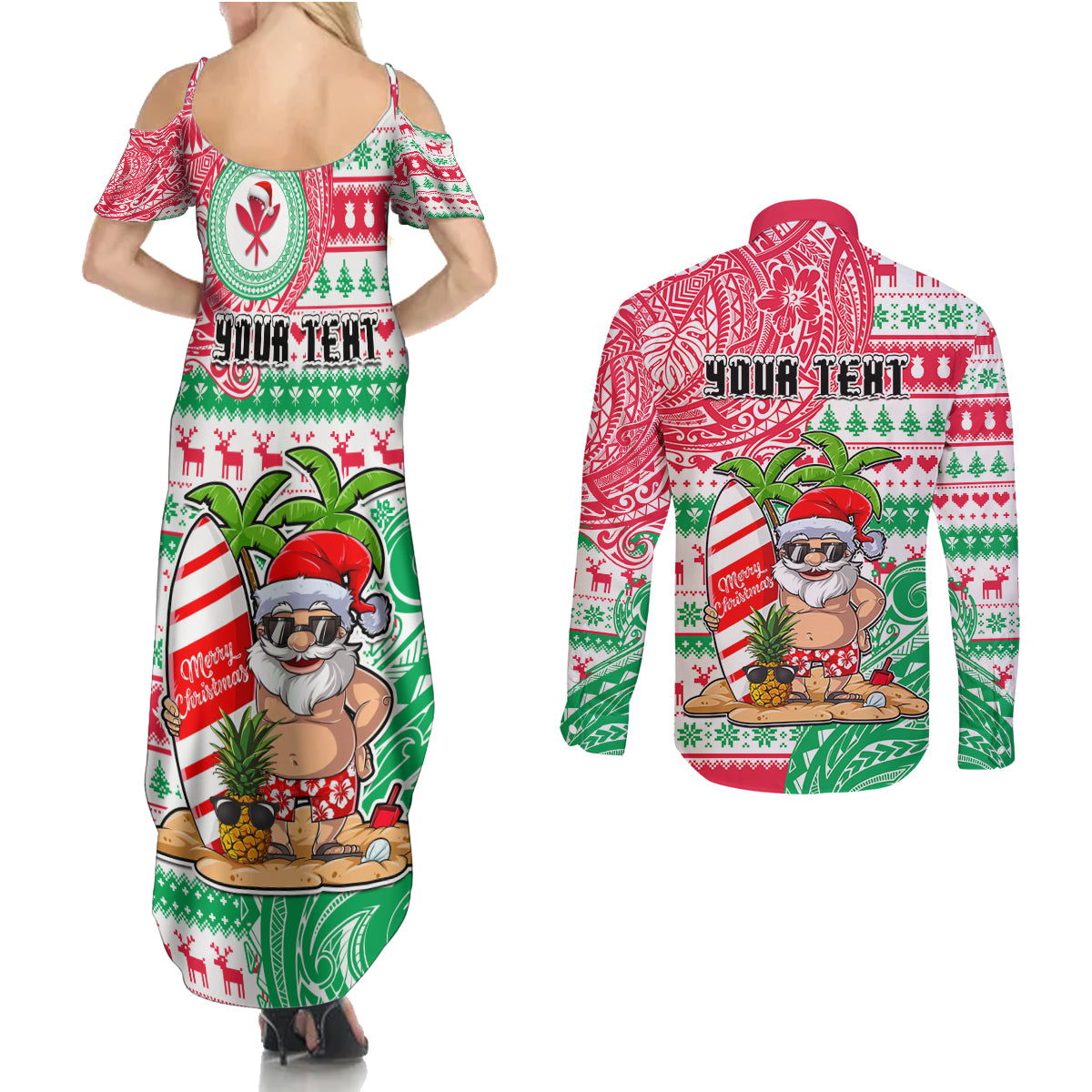 Personalized Hawaii Christmas Couples Matching Summer Maxi Dress and Long Sleeve Button Shirts Santa Claus Surf Mele Kalikimaka LT05 - Polynesian Pride