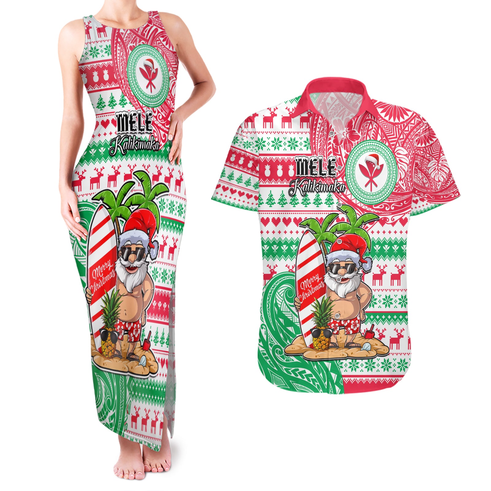Personalized Hawaii Christmas Couples Matching Tank Maxi Dress and Hawaiian Shirt Santa Claus Surf Mele Kalikimaka LT05 Red - Polynesian Pride