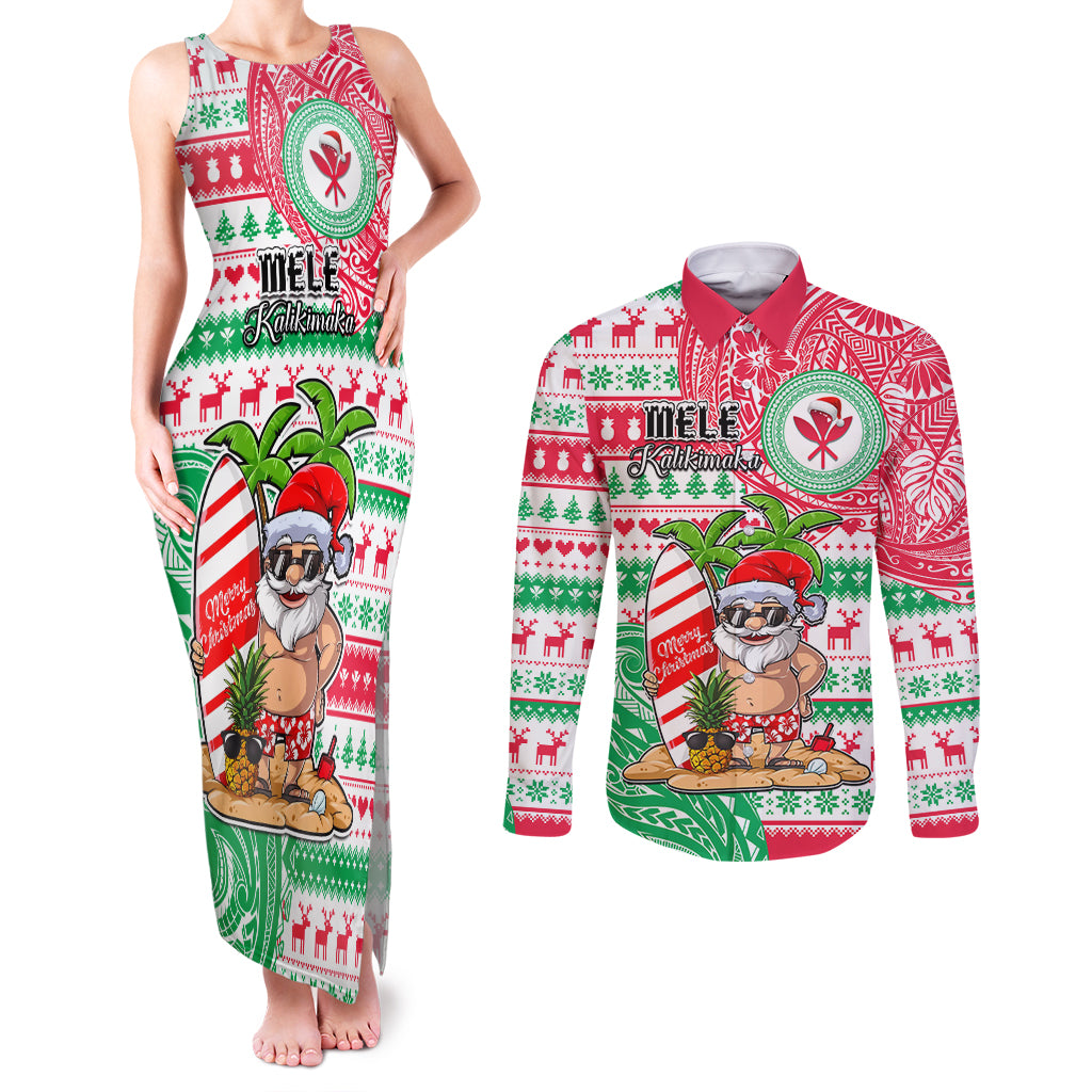 Personalized Hawaii Christmas Couples Matching Tank Maxi Dress and Long Sleeve Button Shirts Santa Claus Surf Mele Kalikimaka LT05 Red - Polynesian Pride
