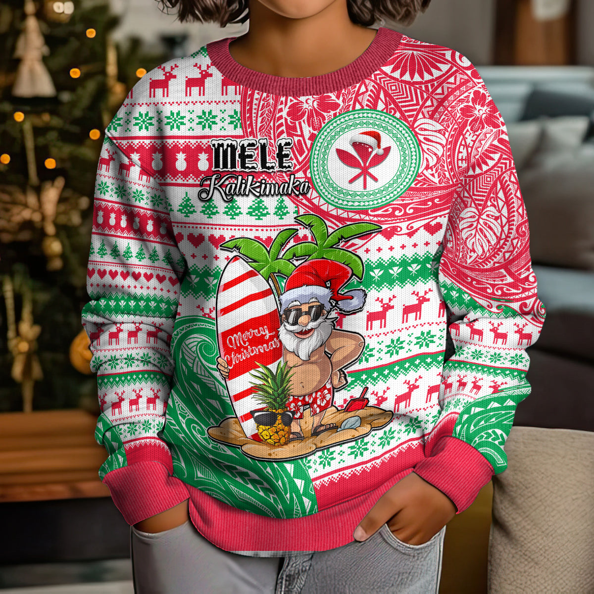 Personalised Hawaii Christmas Kid Ugly Christmas Sweater Santa Claus Surf Mele Kalikimaka LT05 - Polynesian Pride