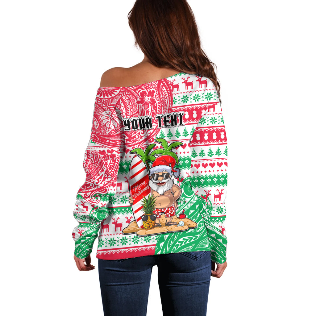 Personalized Hawaii Christmas Off Shoulder Sweater Santa Claus Surf Mele Kalikimaka LT05 - Polynesian Pride