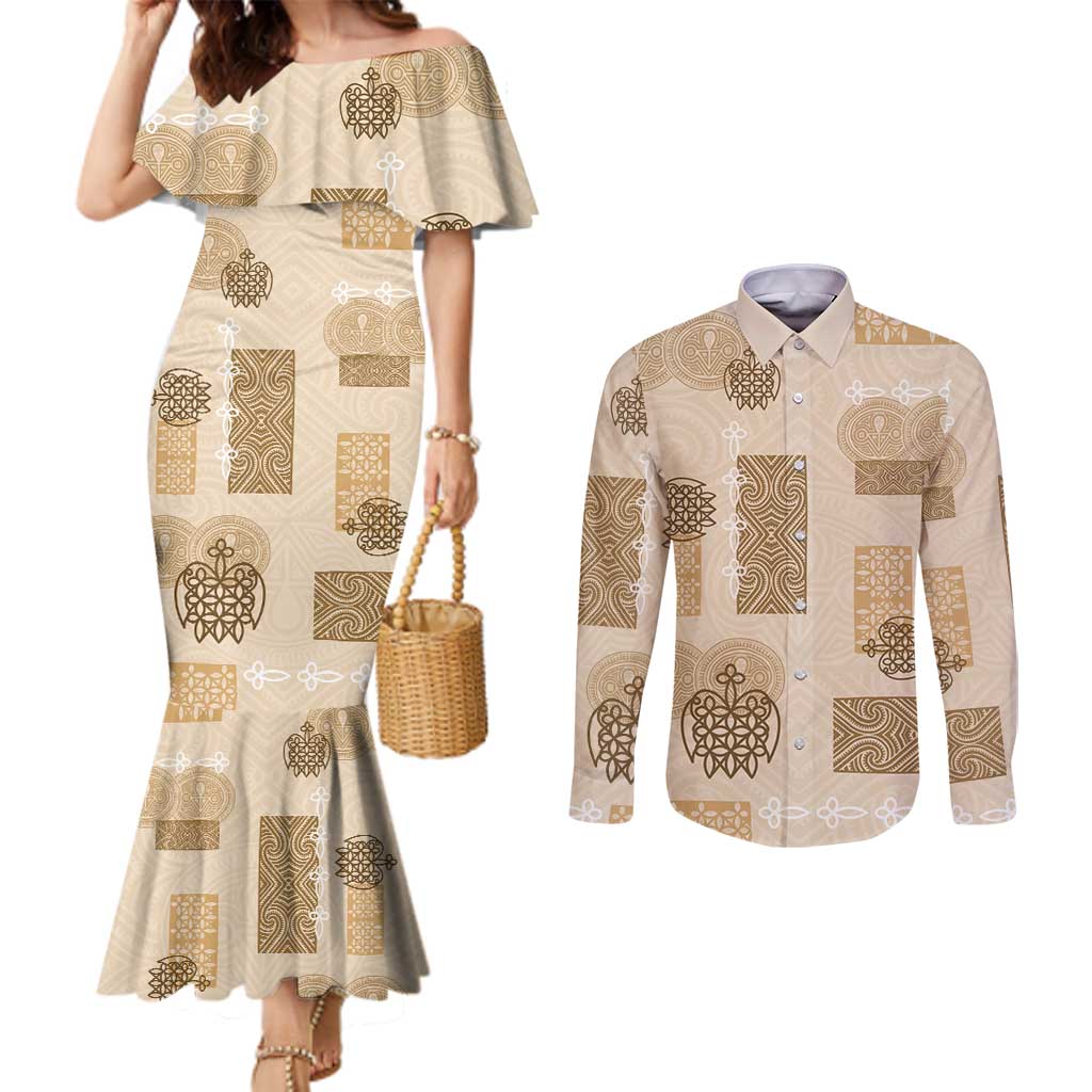 Vintage Lapita Couples Matching Mermaid Dress and Long Sleeve Button Shirt Iconic Double Face Pattern Beige