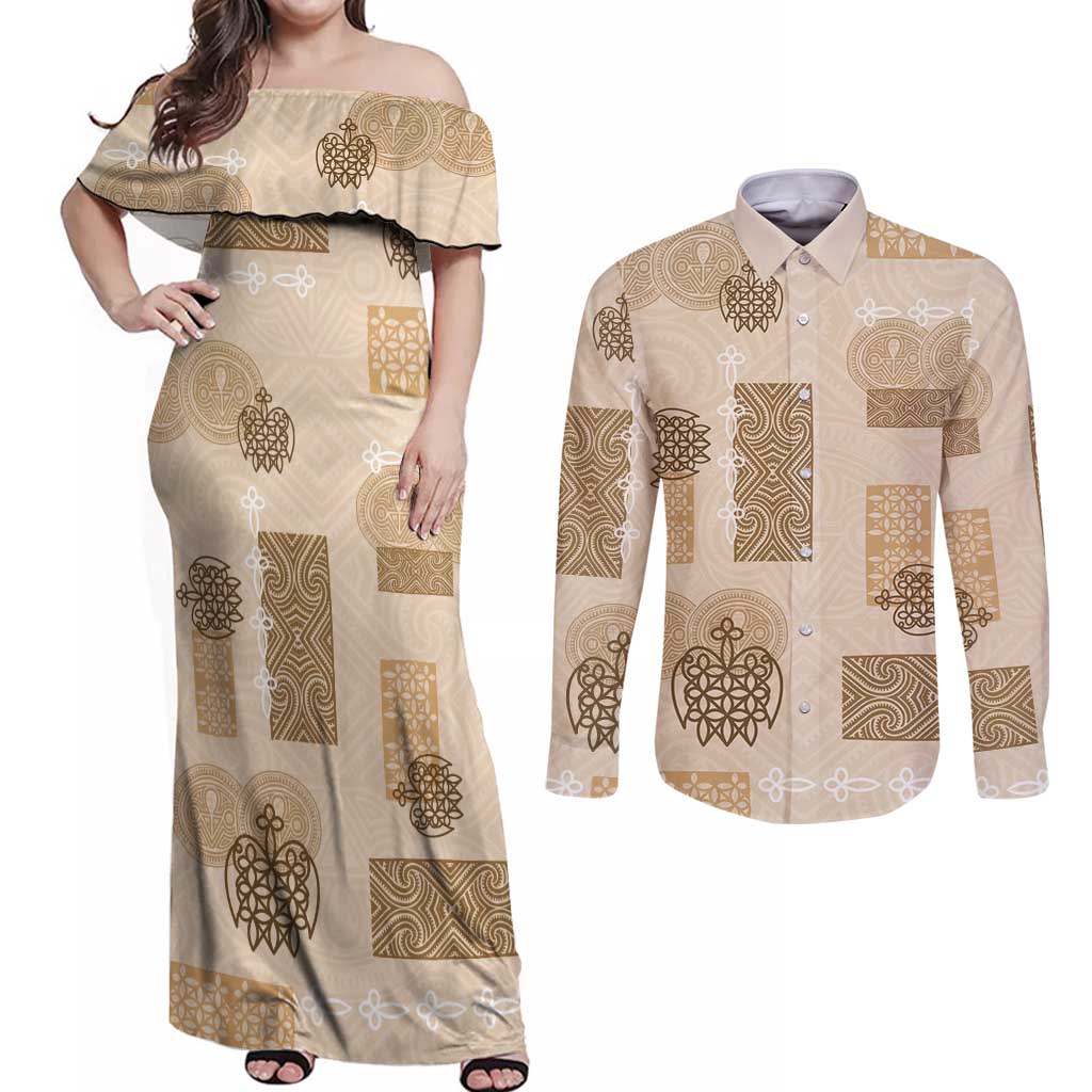 Vintage Lapita Couples Matching Off Shoulder Maxi Dress and Long Sleeve Button Shirt Iconic Double Face Pattern Beige LT05 Beige - Polynesian Pride